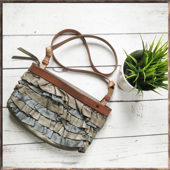 LUCKY BRAND Leather Small Crossbody Purse Metal Bronze Ruffles - Picture 1 of 8